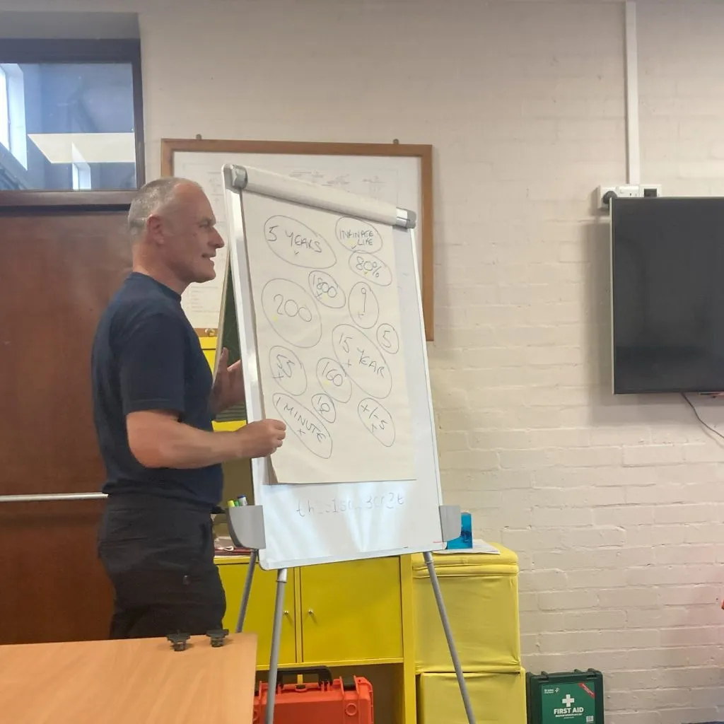 A person doing a training with a white paper visual aid.