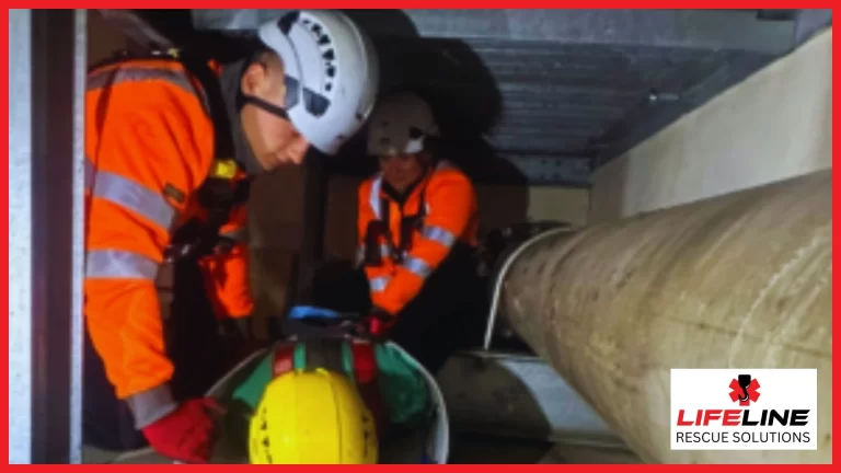 Two people rescuing a person in a confined space.