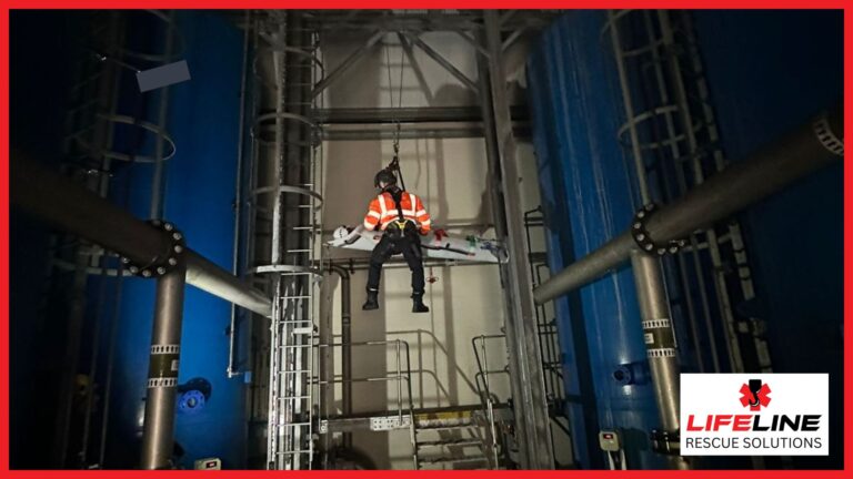 Rescue team performing rescue through rope access