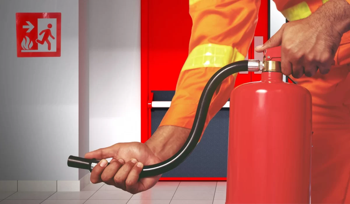 Fire safety expert checking a fire extinguisher with a fire door exit background