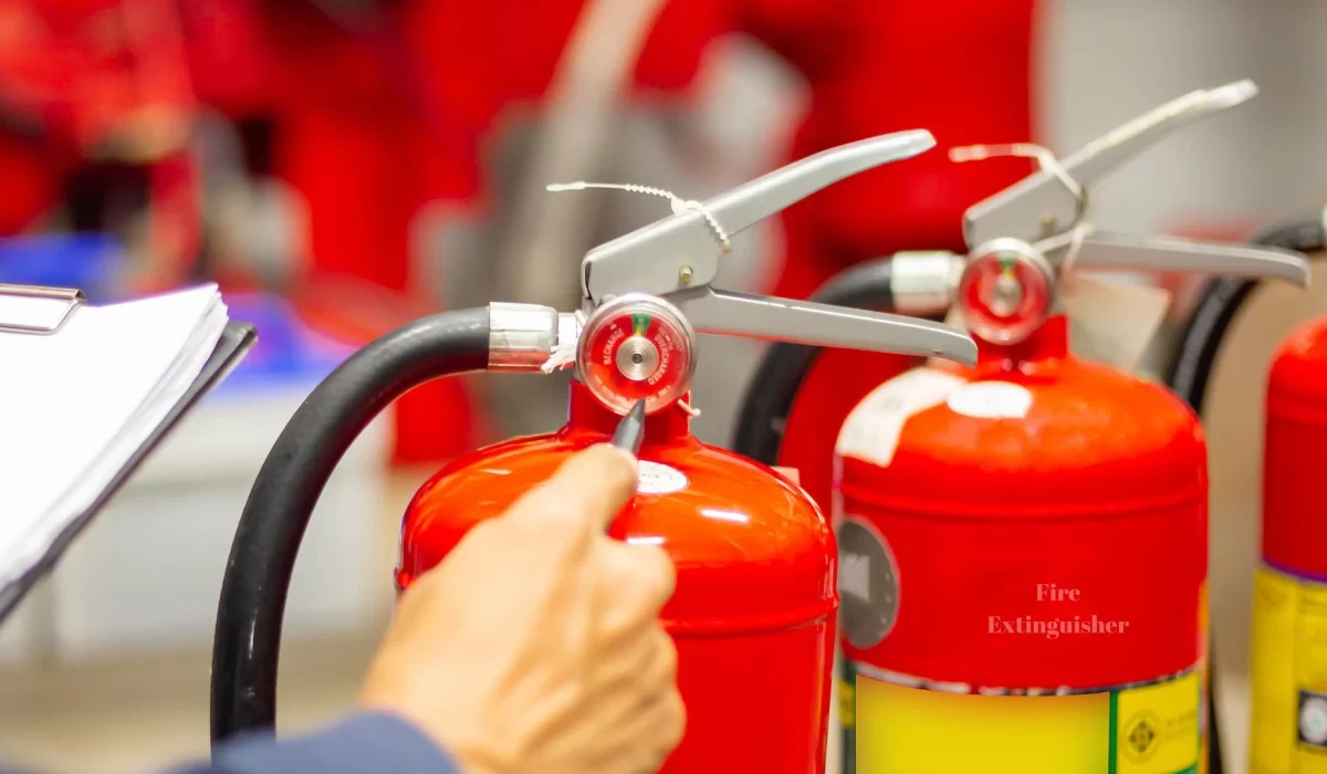 A fire safety expert checking the fire extinguishers in an establishment