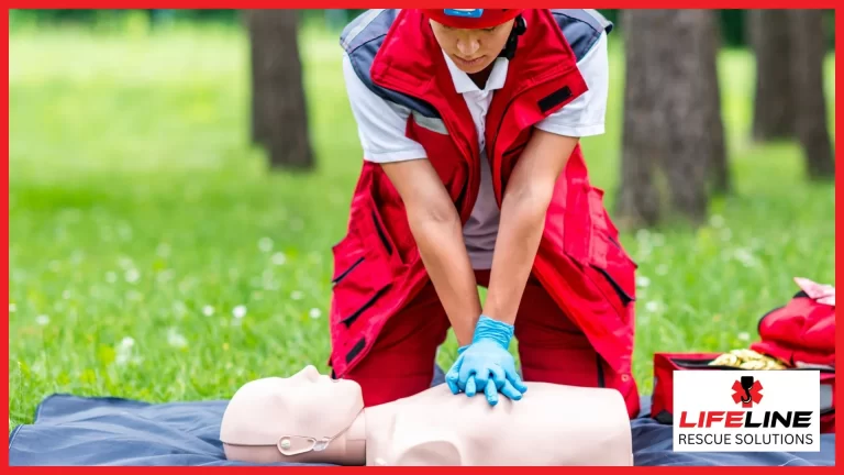 A first aid trainer showing how to do CPR