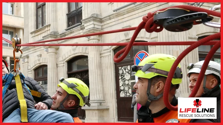 Rescue people in proper attire using the proper ropes to rescue a man from a high building