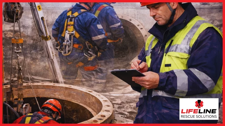 HSE Inspector checking confined space work for a pipe and tunnel in London